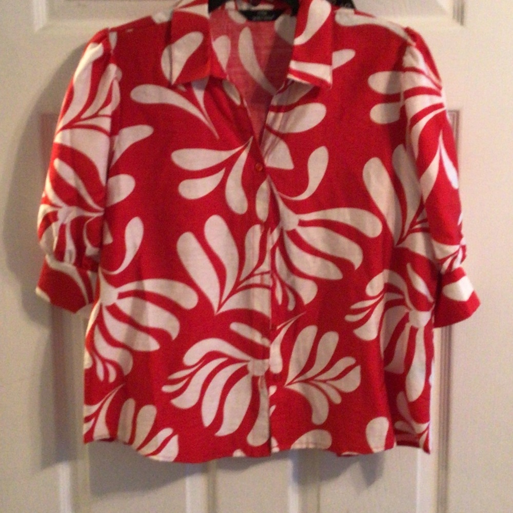 Mlle Gabrielle Red and White Printed Button-Up Women's Top